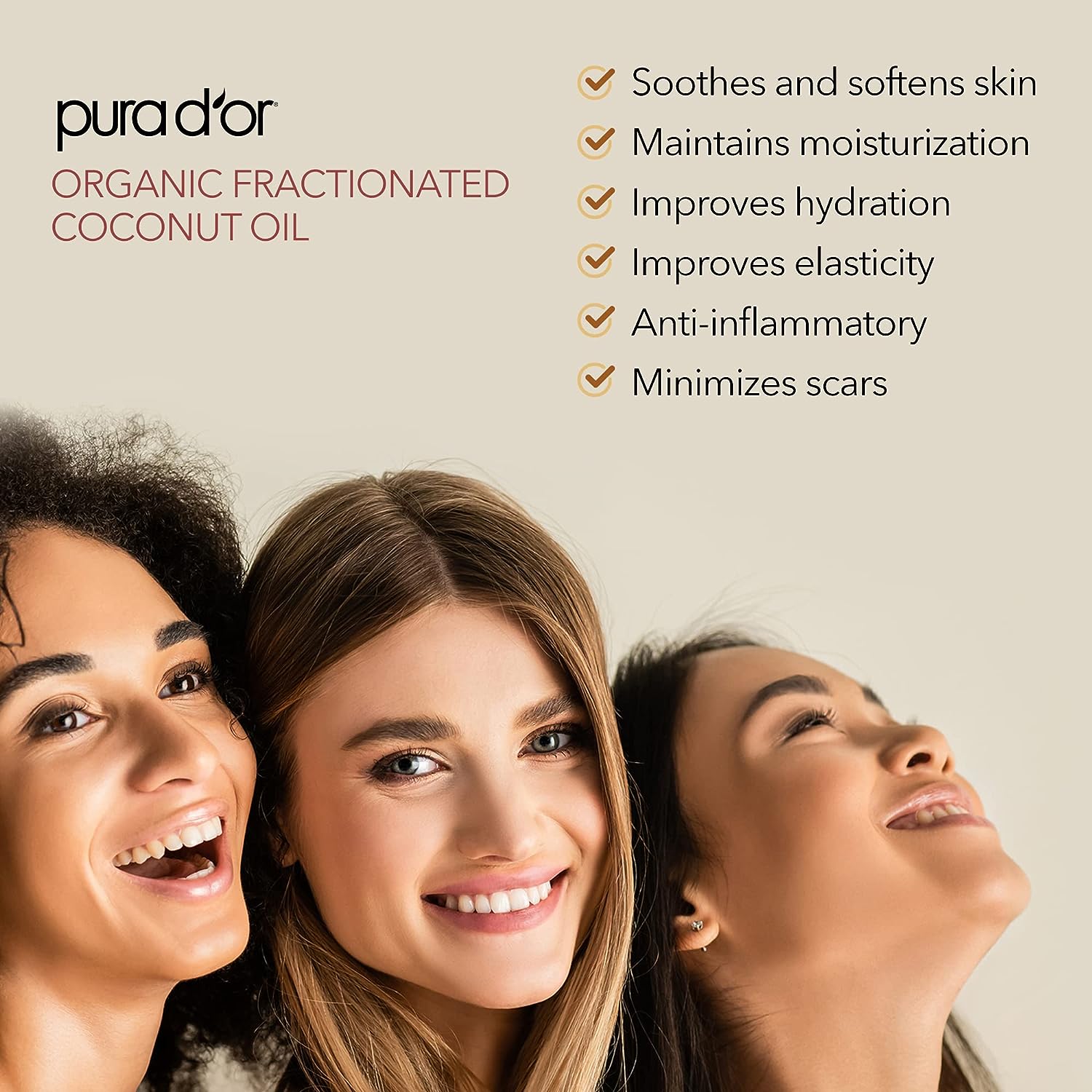 PURA D'OR 16 Oz Organic Fractionated Coconut Oil - 100% Pure & Natural USDA Certified Cold Pressed Carrier Oil, Scent-Free - Aciete De Coco Liquid Moisturizer For Face Skin & Hair, Men & Women - 24hrsmart